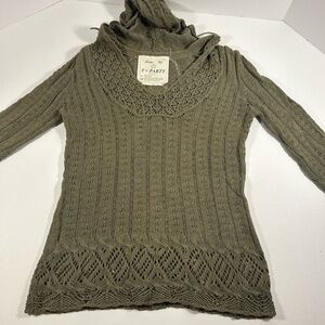 T-PARTY Sweater Womens Size M Hunter‎ Green Hooded V Neck 3/4 Sleeve Open Knit